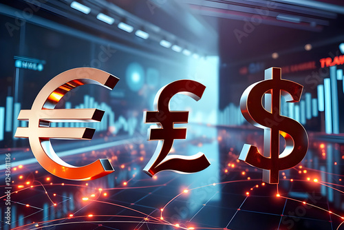Currency symbols - dollar, pound sterling and euro in a futuristic digital space with bright neon blue and orange accents against the background of glowing lines and graphs photo