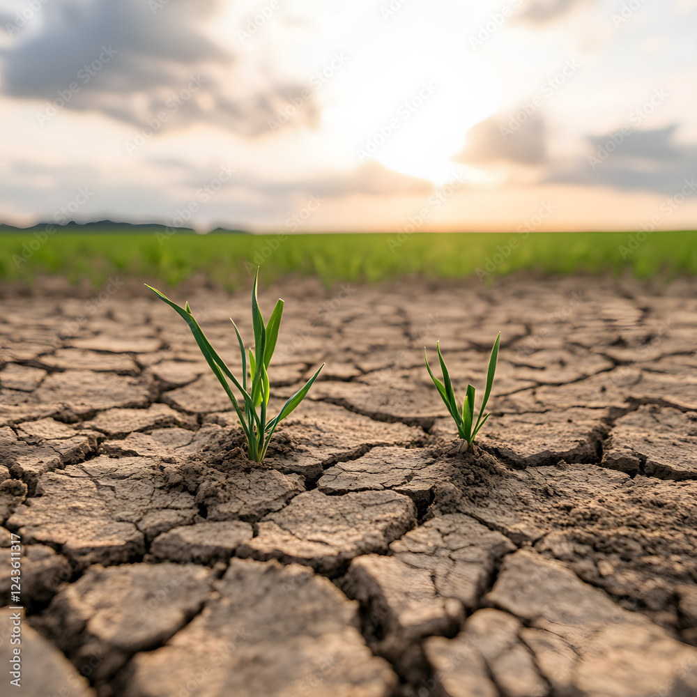 New grass sprouts on cracked earth under bright sky, symbolizing hope