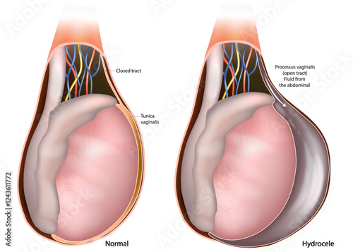 Hydrocele testis. Accumulation of serous fluid in a body cavity. Tunica vaginalis. Testis Anatomy Medical Illustration. Male Reproductive System Cross-Section