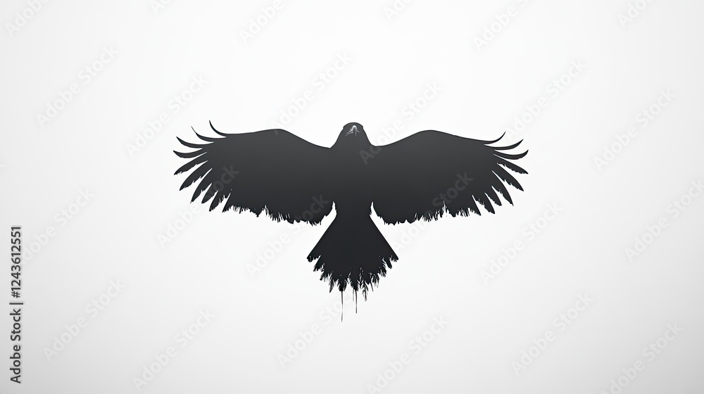 Obraz premium Black silhouette of a soaring bird against a minimalistic white background, symbolizing freedom