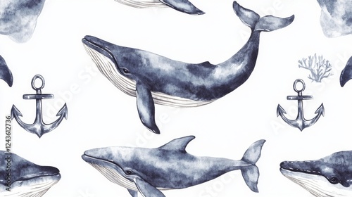 Majestic Watercolor Whales and Anchors Pattern