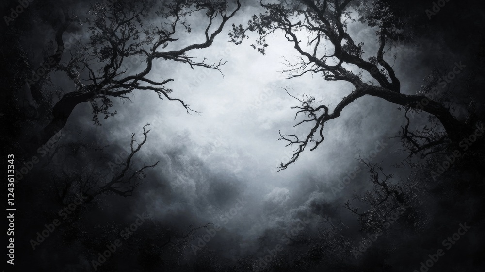 Obraz premium Mysterious foggy forest with silhouetted branches in vintage monochrome texture for atmospheric designs