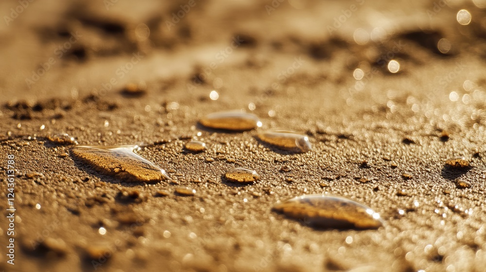 Brown and gold droplets reflect light on textured surface at sunset Brown and gold droplets reflect light on textured surface at sunset