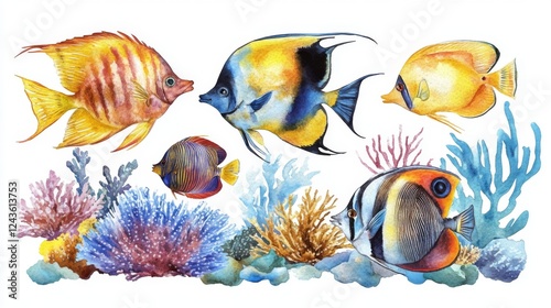 Vibrant Watercolor Fish and Coral Reef Illustration photo