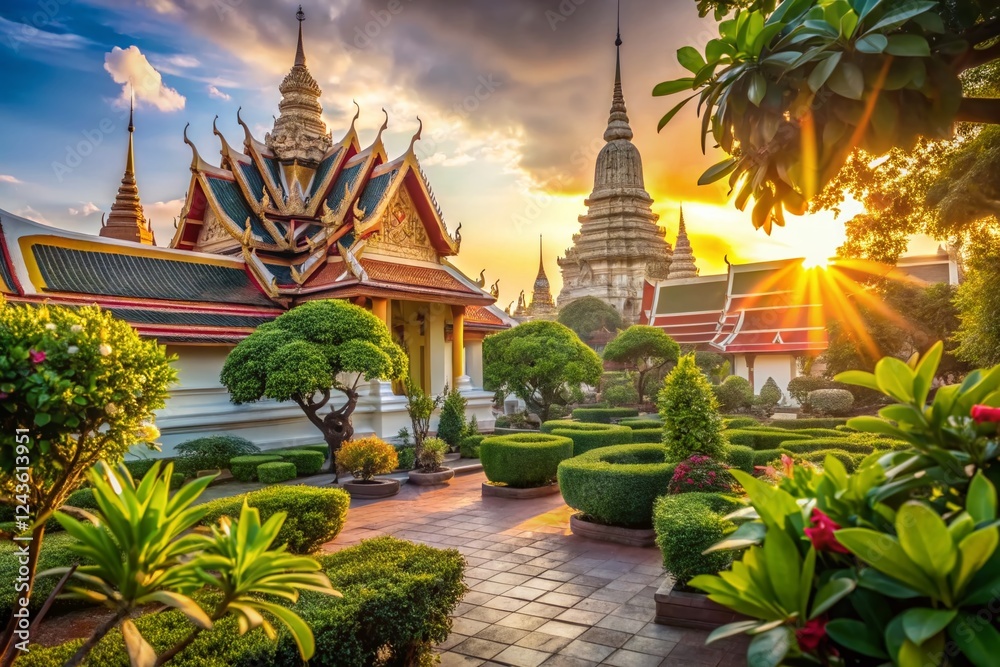 Naklejka premium Serene Garden at Wat Pho Temple, Bangkok: High-Resolution Stock Photo