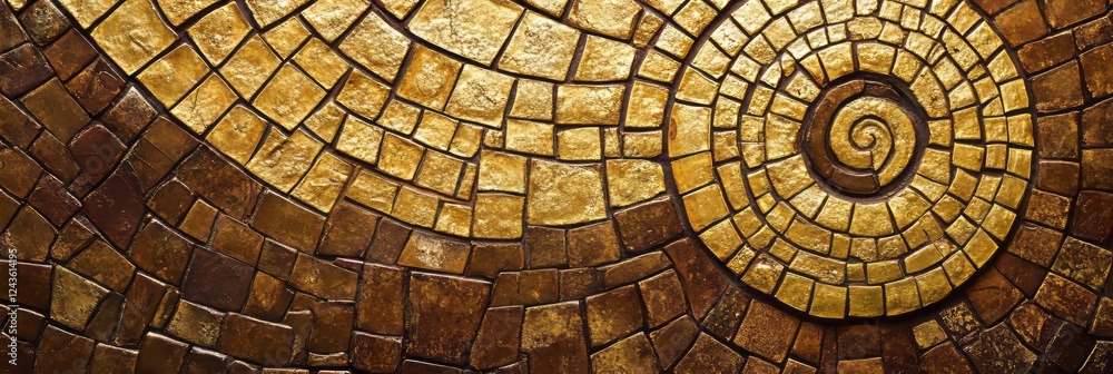 Fototapeta premium Intricate golden spiral pattern on brown mosaic tiles showcasing artistic craftsmanship and design