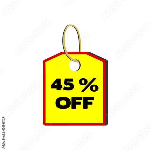 45% off yellow tag with red border, beige cord and white background