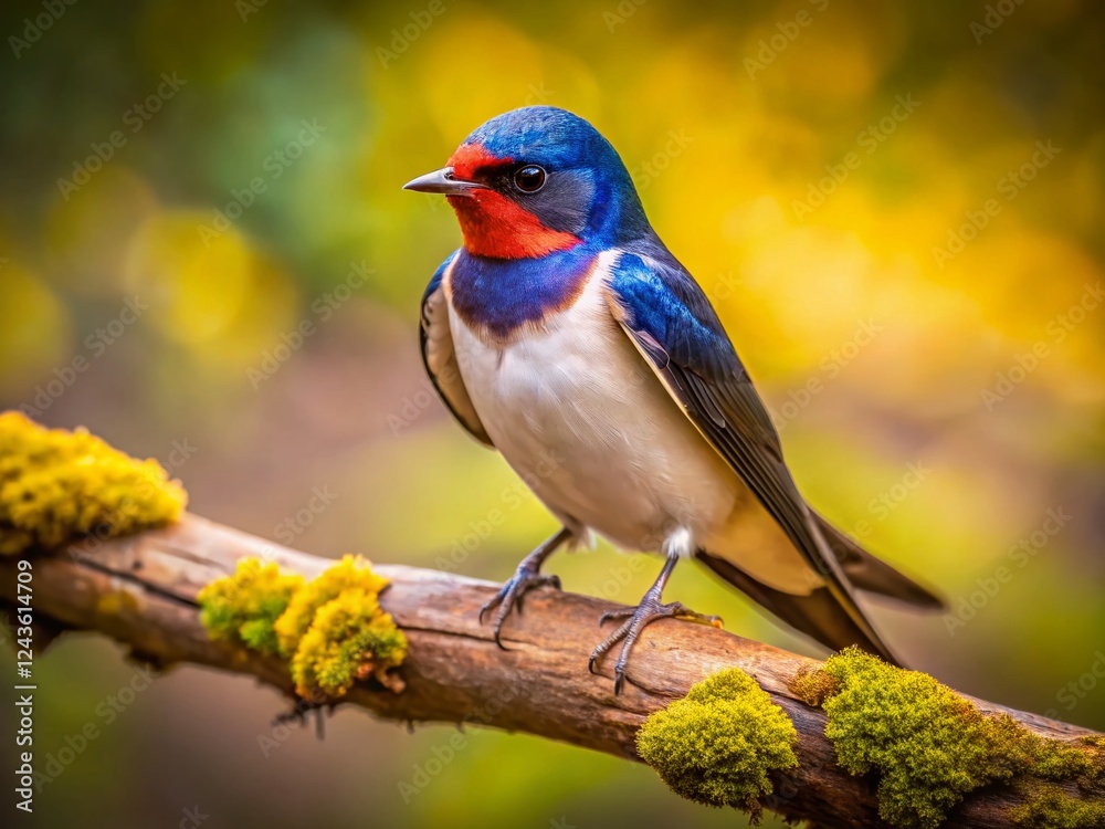 Adorable Swallow Perched on a Rustic Brown Branch - Tilt-Shift Miniature Photography Adorable Swallow Perched on a Rustic Brown Branch - Tilt-Shift Miniature Photography