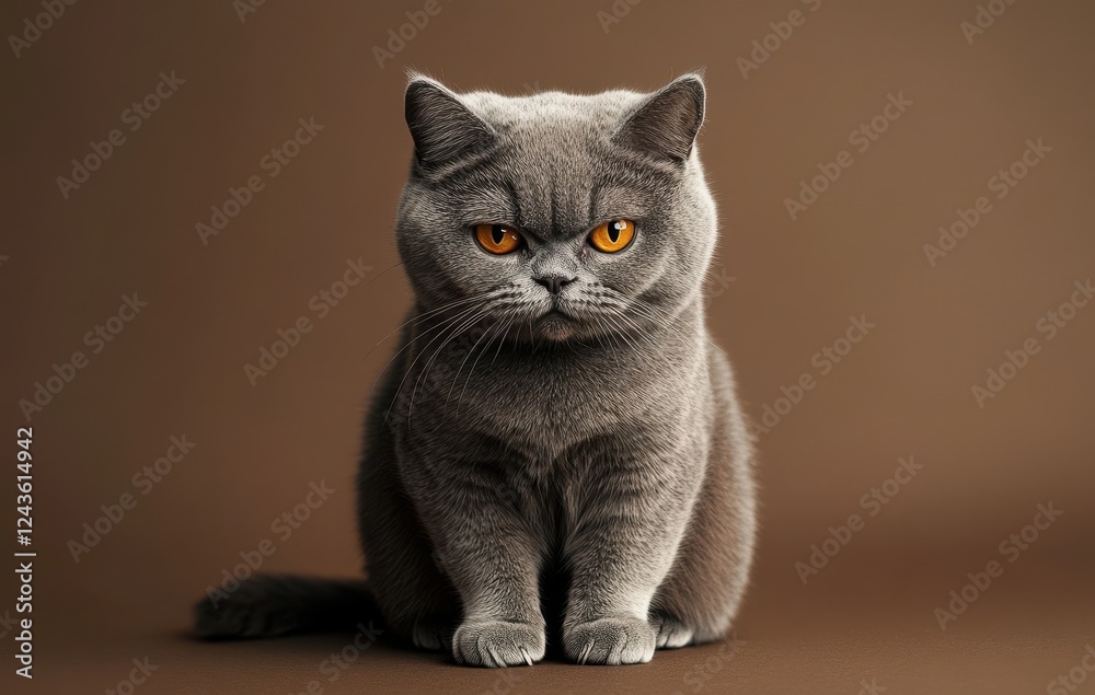 Charming Grey Cat with Striking Orange Eyes Sitting Gracefully Against a Rich Chocolate Background