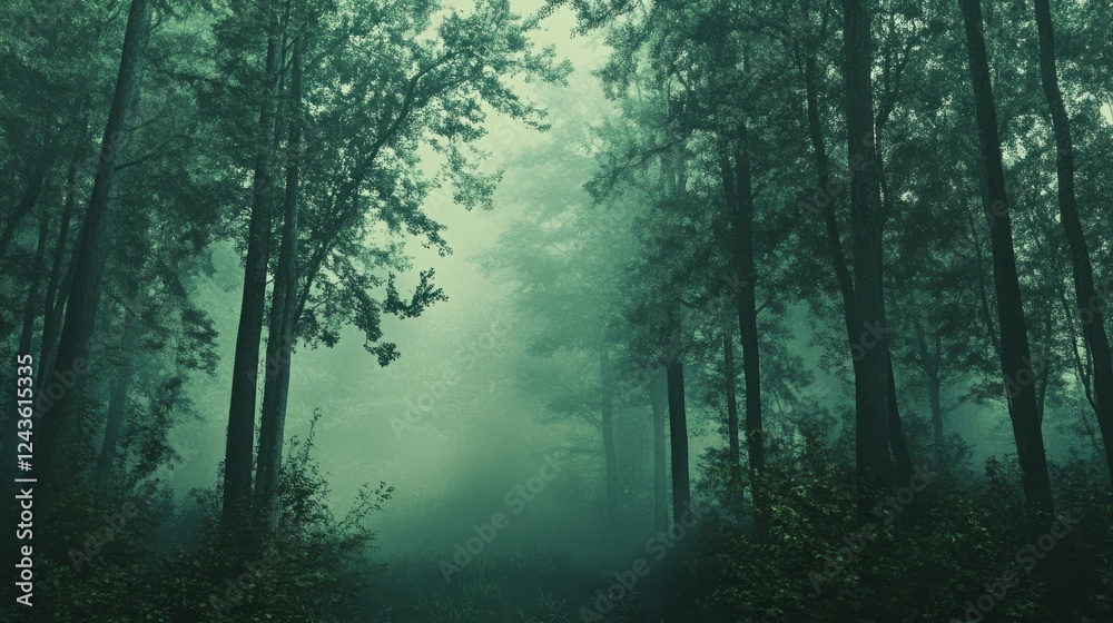 Obraz premium Deep forest exploration revealing tranquil green foliage enveloped in morning mist