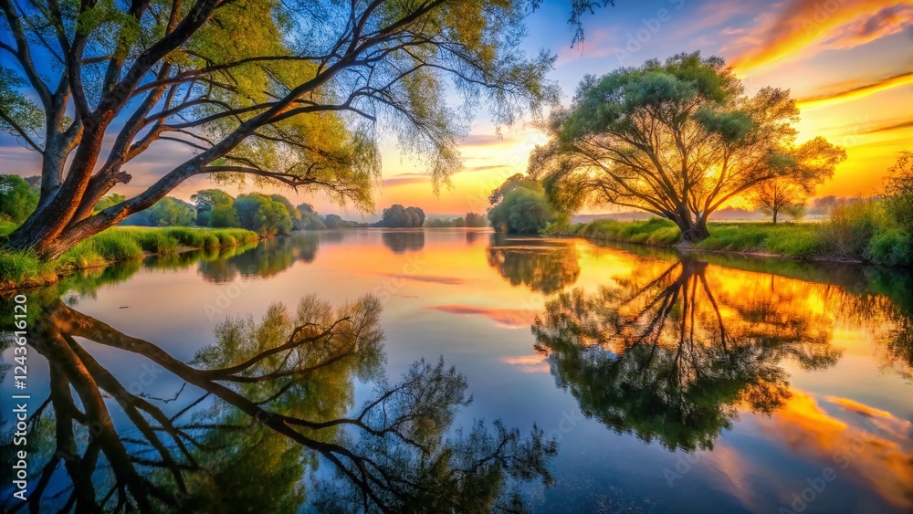 Serene River Reflection: Intricate Tree Branches Mirrored in Calm Water at Dawn Serene River Reflection: Intricate Tree Branches Mirrored in Calm Water at Dawn