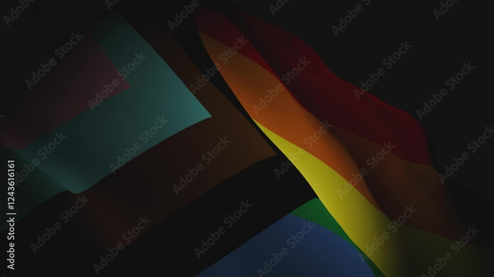 A highly detailed 3D animation of the Progress Pride flag waving gracefully under dramatic lighting. The vibrant colors and realistic fabric movement create a stunning visual effect
