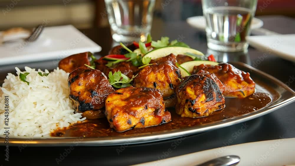 Tandoori chicken served with fragrant basmati rice on a dining table at a cozy restaurant during lunch Tandoori chicken served with fragrant basmati rice on a dining table at a cozy restaurant during lunch