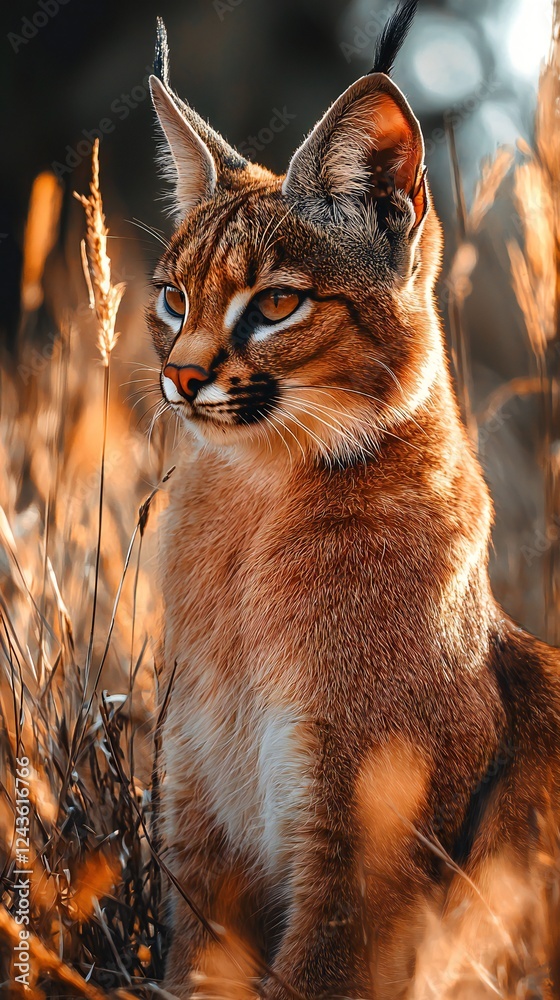Naklejka premium HD Phone Wallpaper Majestic Caracal Wildcat in Golden Grassland at Sunset Wildlife Photography