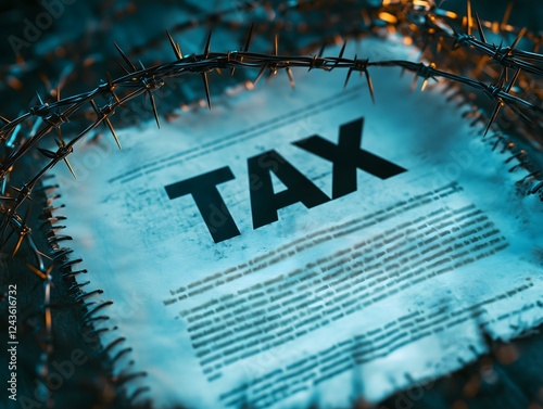 Tax Burden: A tax form is ensnared within barbed wire, symbolizing the burden and complexities of taxation.  The image evokes feelings of constraint and financial pressure.