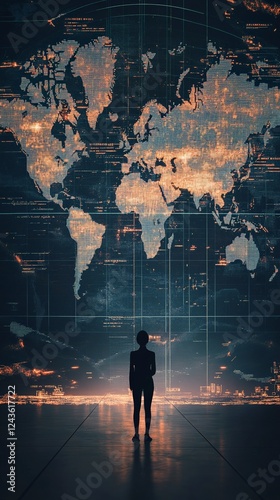 Businesswoman standing in front of a digital world map, contemplating global business opportunities and making strategic decisions for international expansion