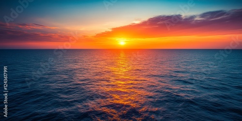 Vibrant sunset over a calm ocean. Orange, yellow, and purple hues paint the sky, reflecting on the dark blue water. Peaceful and serene atmosphere