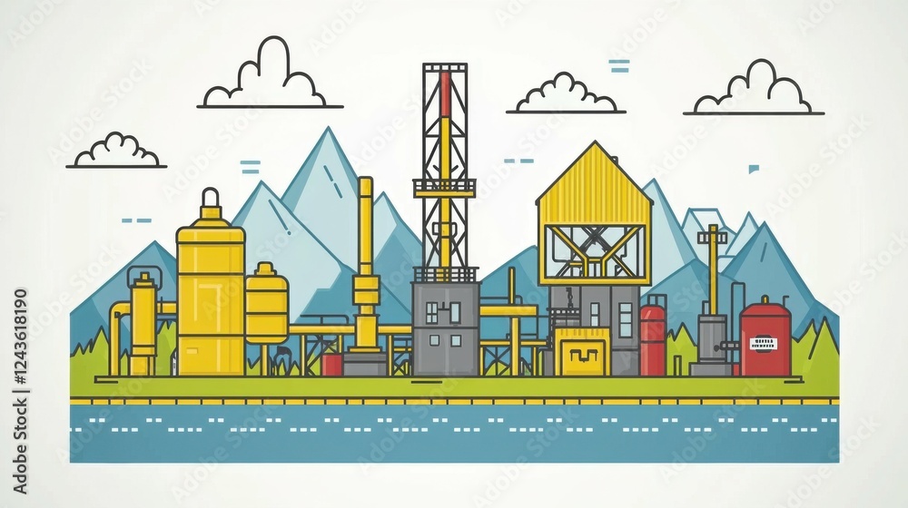 Fototapeta premium Pixel-perfect oil and gas refinery line icon set with editable stroke weight, featuring industrial elements such as refining units, pipelines, tanks, pumps, and processing equipment.
