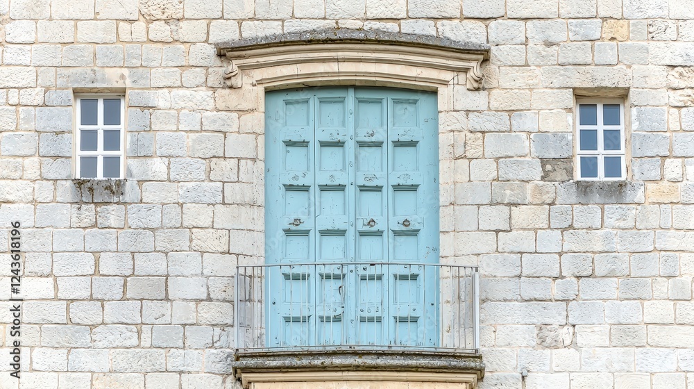 Fototapeta premium Vintage Blue Door and Windows on Historic Stone Building Exterior