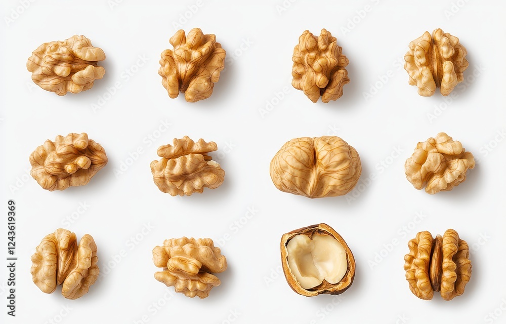 Twelve nuts arranged on a white surface, showcasing variations in shape and shell openness Twelve nuts arranged on a white surface, showcasing variations in shape and shell openness