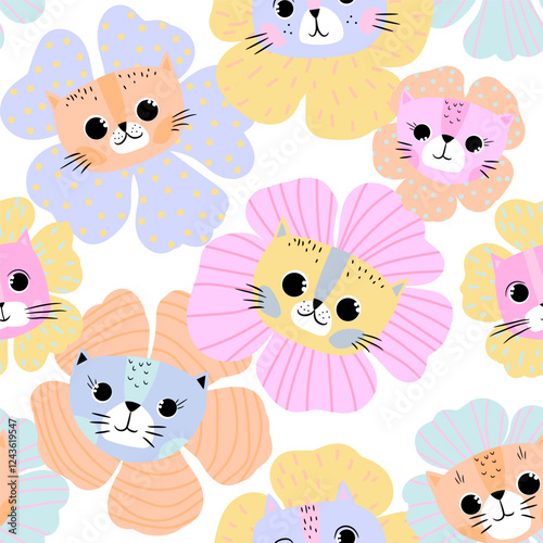 Seamless pattern with abstract flowers and cats faces, print on white background. Creative texture for fabric, wrapping, textile, wallpaper, apparel. KIds pastel Vector illustration