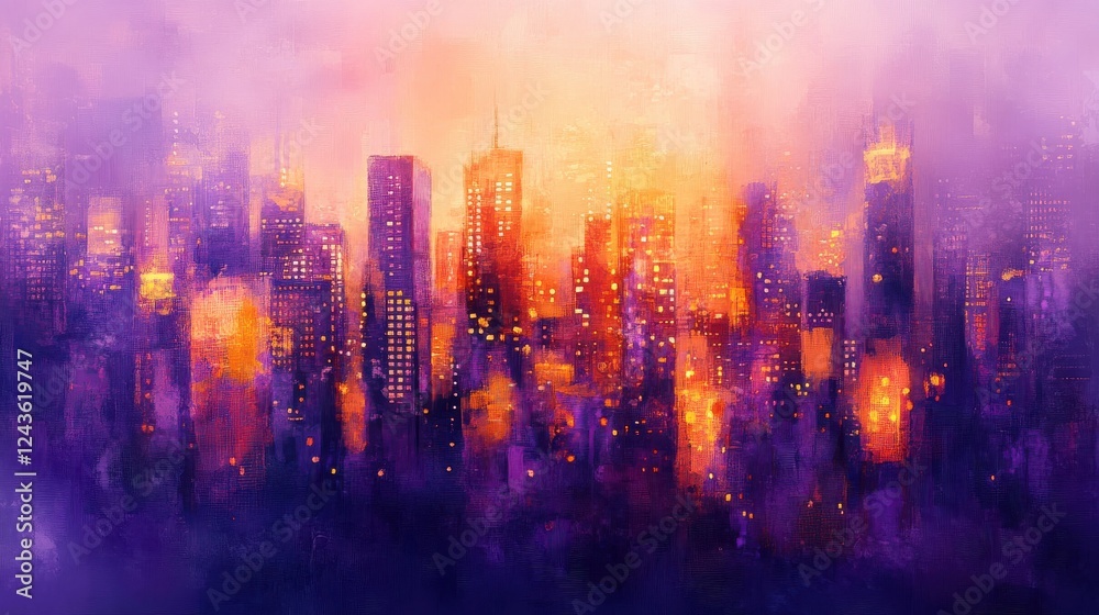 Dreamy cityscape bokeh at dusk with warm orange and purple tones creating a vibrant atmosphere Dreamy cityscape bokeh at dusk with warm orange and purple tones creating a vibrant atmosphere