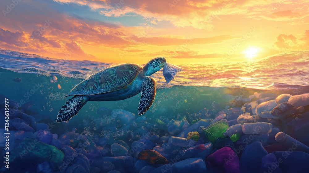 Obraz premium sea turtle swimming in the ocean with a plastic bag in its mouth. The sea turtle is surrounded by a large amount of discarded plastic bottles and other garbage