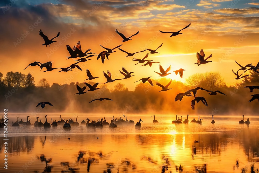 Silhouette of Birds Taking Flight from Misty Lake at Dawn Silhouette of Birds Taking Flight from Misty Lake at Dawn
