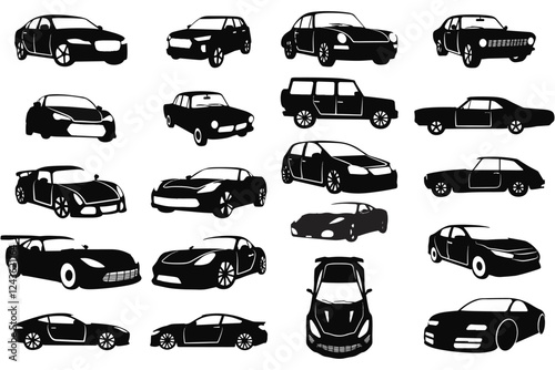 A high-quality vector illustration set featuring multiple car designs in various styles and angles. Perfect for automotive-related graphics, posters, advertisements, and digital projects.