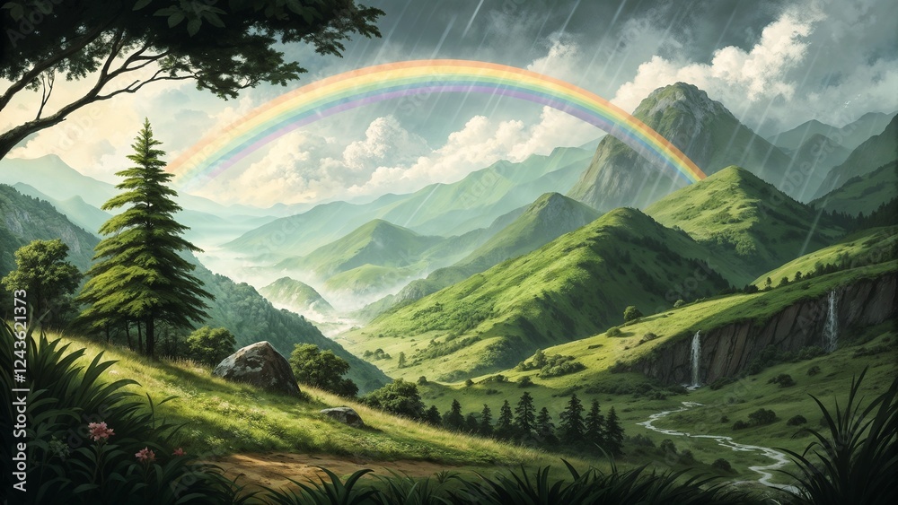 Obraz premium beautiful rainbow arching over a lush green valley after a rainstorm