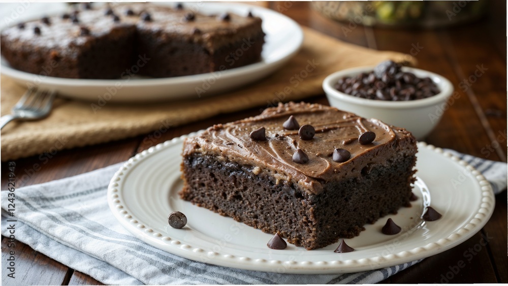 delicious chocolate pie slice topped with frosting and chocolate chips delicious chocolate pie slice topped with frosting and chocolate chips