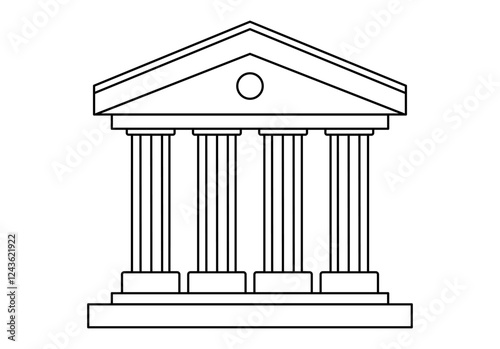 Hand drawn cute outline illustration of courthouse. Flat vector court building line art doodle. Facade with column icon or print. Justice and law. Control and order. Government legislation. Isolated.