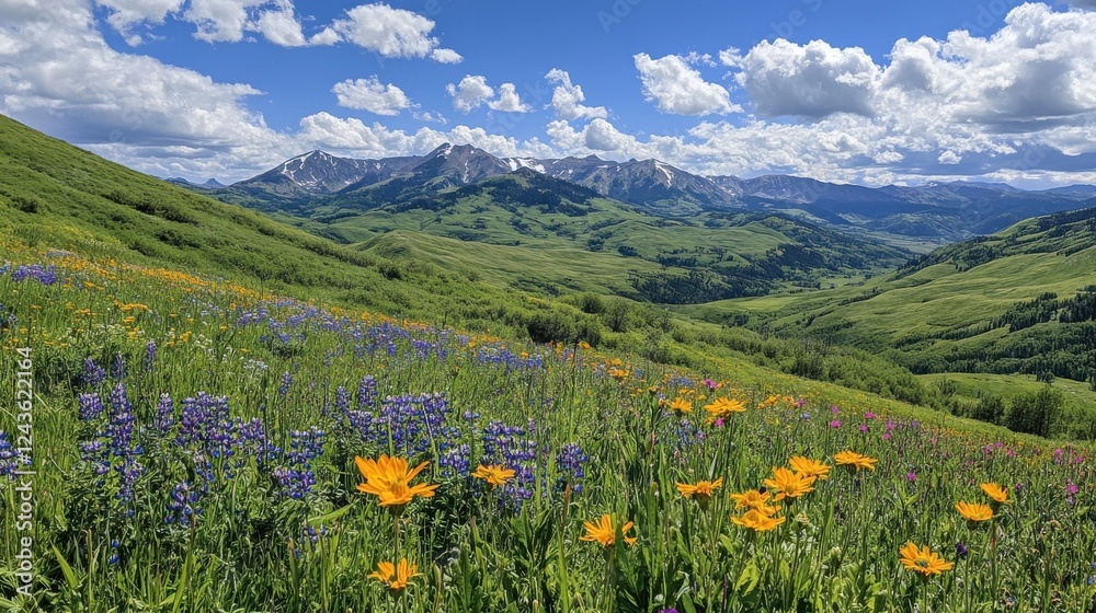 Fototapeta premium Breathtaking view of green mountains and wildflowers in a lush valley under a clear blue sky
