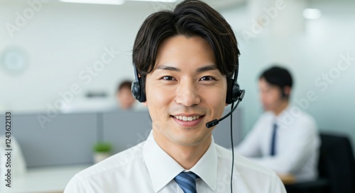 Smiling Japanese Customer Support Representative with Headset – Professional Call Center Service and Assistance photo