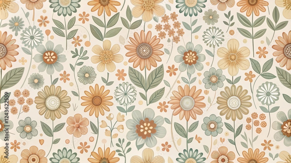 Retro Floral Pattern Design A Seamless Textile Print Featuring Vintage-Inspired Blooms in Earthy Tones Retro Floral Pattern Design A Seamless Textile Print Featuring Vintage-Inspired Blooms in Earthy Tones