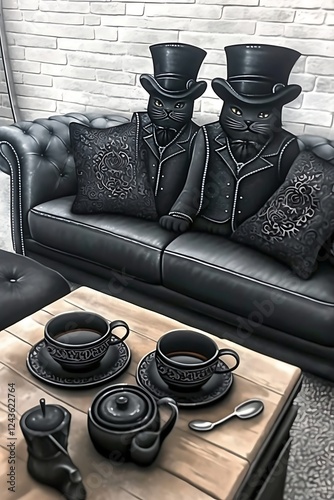 Two black cat figurines in top hats sit on a black leather couch, tea set on a coffee table.