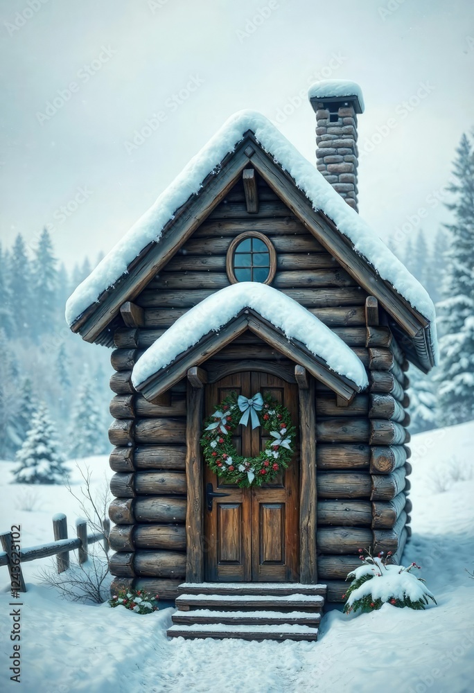 Wooden house with decorated door and wreath in a snowy landscape, door, wreath, wooden house Wooden house with decorated door and wreath in a snowy landscape, door, wreath, wooden house