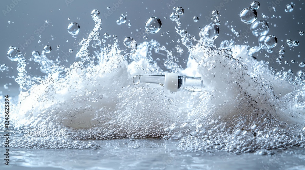Naklejka premium Close-up of a pipette dispensing face serum or essential oil, with oxygen aqua bubbles floating around on a grey color background, highlighting the purity and freshness of the product.