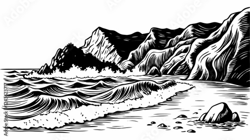 Monochrome Coastal Landscape with Waves and Cliffs in Vintage Style