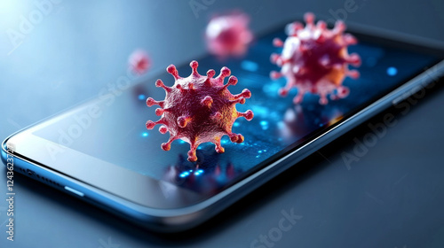 smartphone screen displays digital renderings of red bacteria, symbolizing technology and health concerns photo