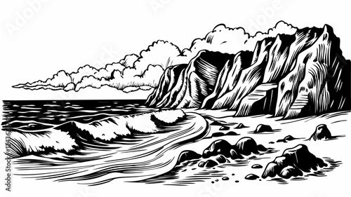 Vintage Coastal Cliff and Ocean Waves with Dramatic Sky in Black and White