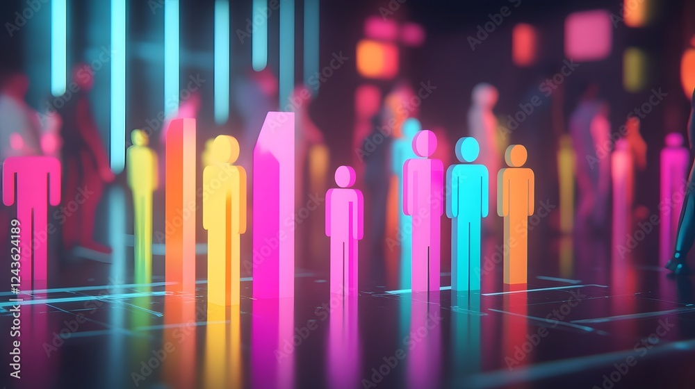 Glowing Bar Graph on Digital Screen Symbolizing Labor Market Trends with Blurred Office Background