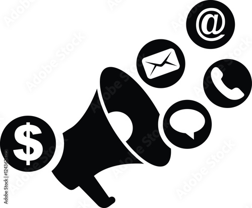 Paid marketing icon, advertisement icon with hand mike, advertisement by email, phone call, sms icon