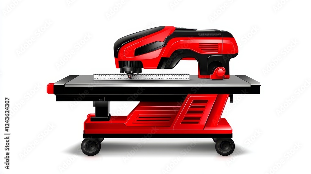 Naklejka premium Precision Cutting Machine - High-tech red cutting machine on a white background, perfect for industrial or technology related projects.