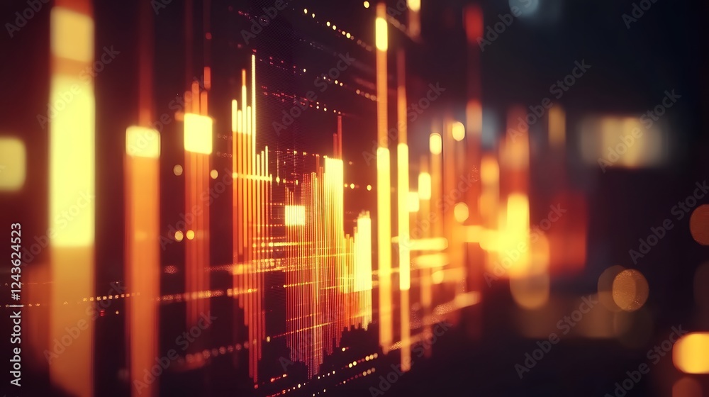 Fototapeta premium Glowing Digital Bar Graph Symbolizing Market Trends on Blurred Office Background
