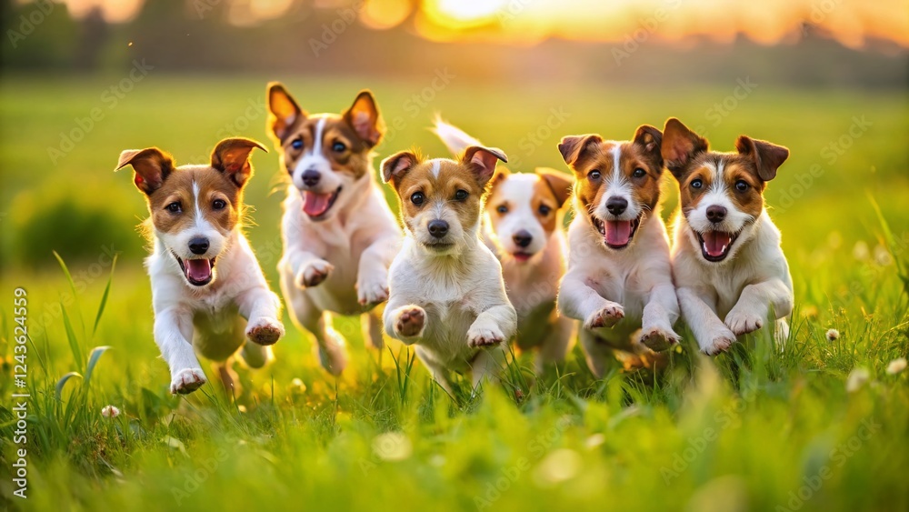 Aerial View of Playful Jack Russell Terrier Puppies in a Green Field Aerial View of Playful Jack Russell Terrier Puppies in a Green Field