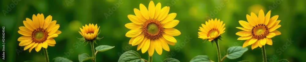 Obraz premium Sunflower petals unfolding against green foliage, blooming, foliage, garden