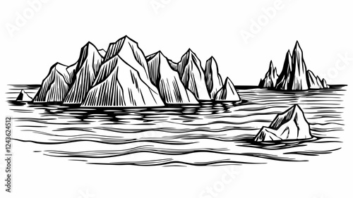 Hand Drawn Iceberg Vector Illustration Monochrome Arctic Landscape with Floating Ice