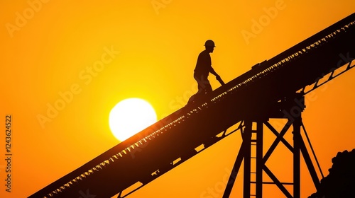 Silhouette of a Worker on a Conveyor Belt Against a Vibrant Sunset in an Industrial Setting