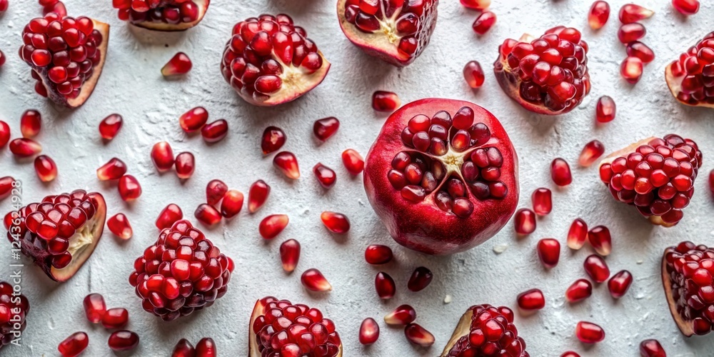 Aerial View of Scattered Pomegranate Seeds on White Background - Drone Photography Aerial View of Scattered Pomegranate Seeds on White Background - Drone Photography